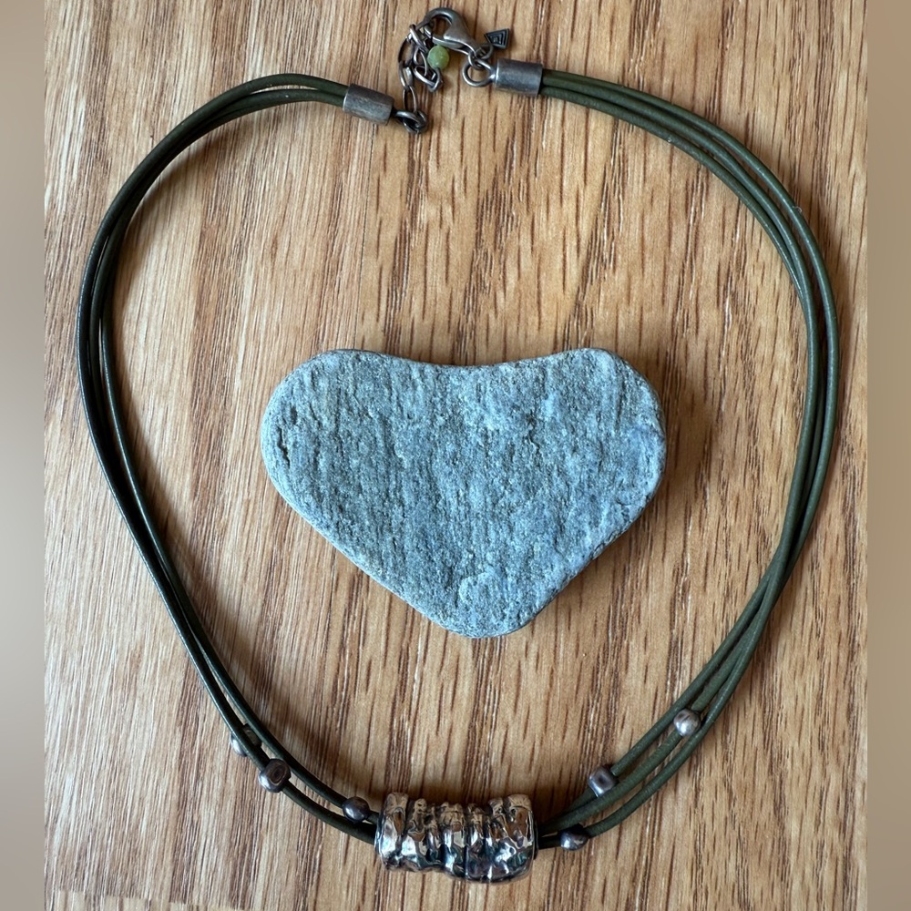 Green Cord Hammered Tube Bead Pendant Necklace